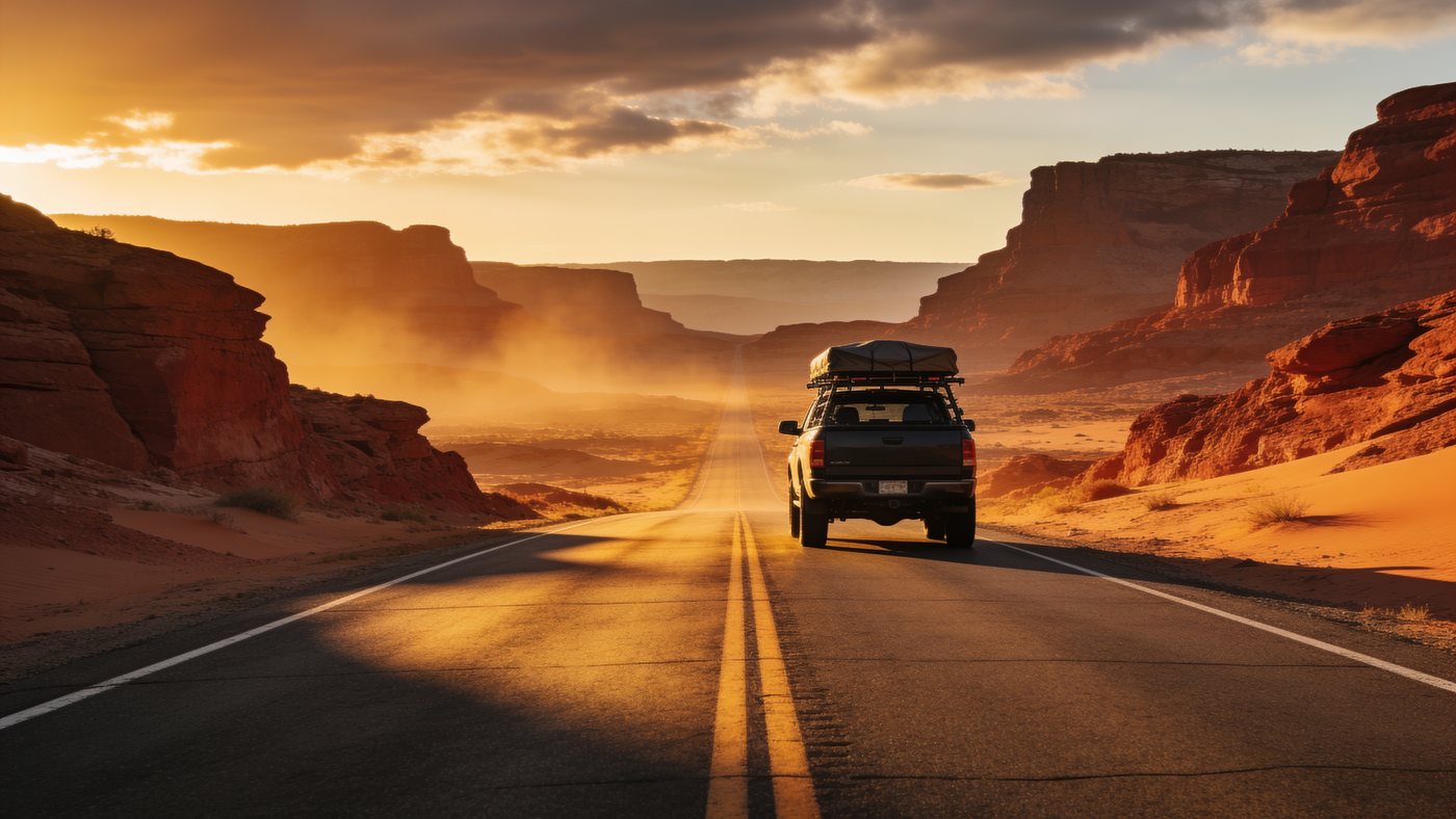 Empty desert highway through red rock mesas at sunrise