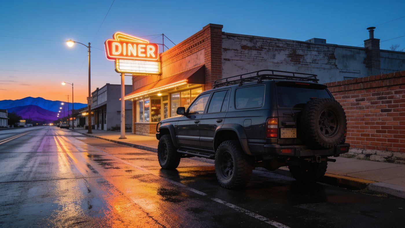 Small-town American main street with a glowing neon diner at dusk