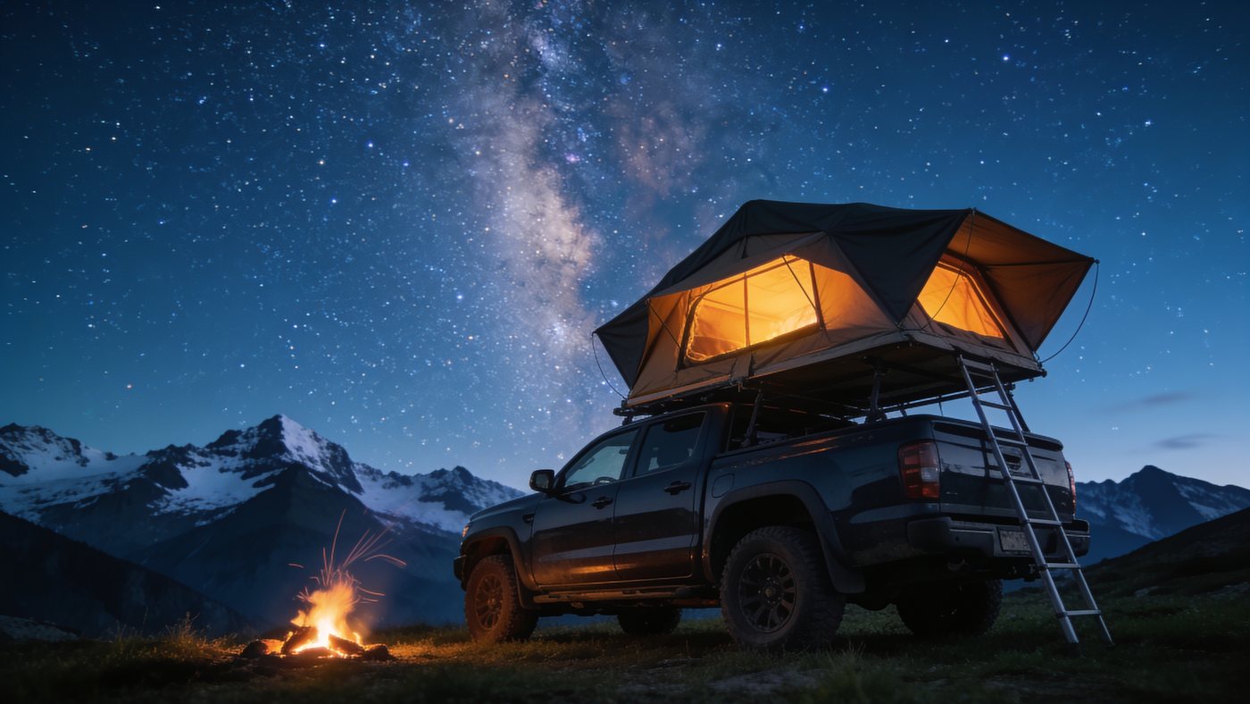 Rooftop tent camp under the Milky Way in an alpine meadow