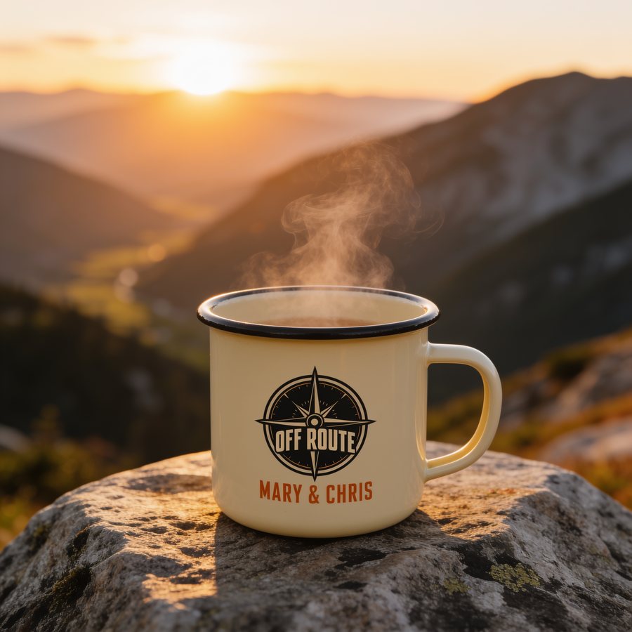 Cream Off Route enamel camp mug
